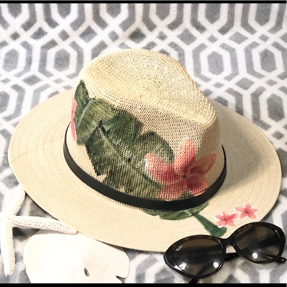 Hand painted Panama Hat - Topical Flowers & leaf